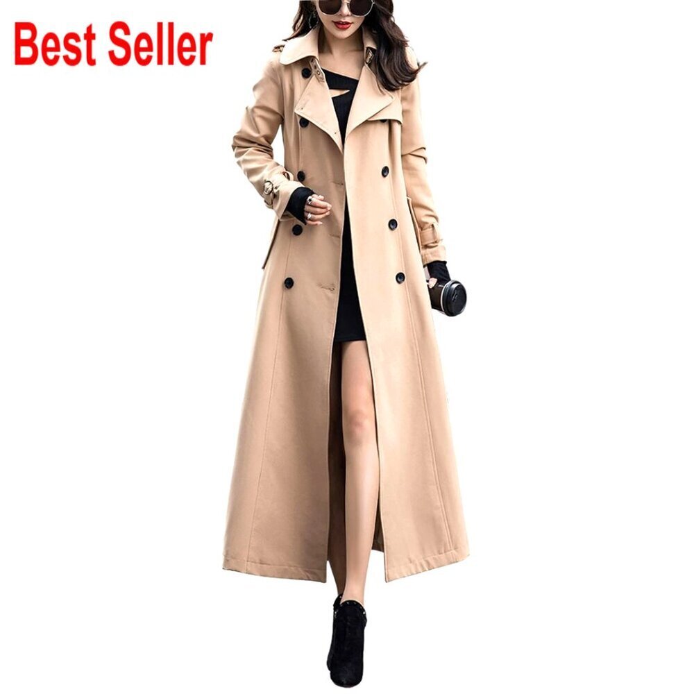 Polyester Blend Double Breasted Maxi Trench Coat for Office